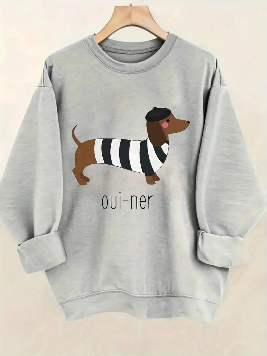 Women's White Dachshund In Striped Shirt & Oui Ner Graphic Casual Sweatshirt - Soft Light Beige-Friendly Fabric, All-Season Round Neck Pullover, Machine Washable Funny Dog Lover Apparel For Casual Attire - 灰色 - 查看 1