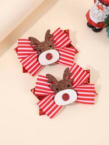 2 spinki do włosów w stylu świątecznym dla dziewczynek, lśniący brokat w czerwono-białe paski z motywem łosia, urocze i klasyczne dodatki do włosów na festiwal