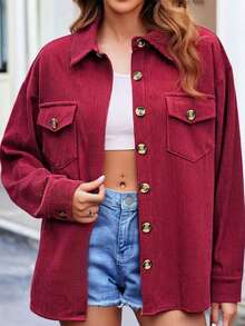 Women Corduroy Shirt Jacket Casual Solid Long Sleeve Button-Up Fall Coat With Pockets - Red - View 2