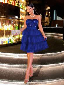 CHOSMO Halloween Black Sequin Patchwork Backless High Waist Mesh A-Line Mini Dress, Back To School Formal, Women's Party Dress, Elegant Ball Gown - Royal Blue - View 7