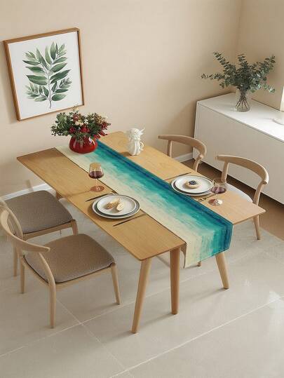 1 Pç Caminho de Mesa de Praia Costeiro - Design de Ondas Texturizadas em Azul e Branco com Gradiente de Oceano, Bandeira de Mesa Retangular de Poliéster Durável para Festas de Fim de Ano, Decoração de Jantar de Verão, Decoração de Cozinha e Casa, Planejadores de Festas com Decoração de Conchas