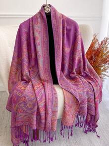 1 chiếc khăn choàng/khăn quàng cổ nữ họa tiết Paisley rực rỡ, chất liệu jacquard, đa năng, phù hợp để sử dụng hàng ngày, dễ dàng phối hợp với trang phục mùa thu/đông. - Nho tím - Xem 2