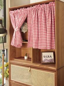 1pc American Country Style Red & White Plaid Half Curtain, Classic Checkered Pattern, Suitable For Decoration Of Small Windows In Cabinets, Cafes, Kitchens, Farmhouses, Doorways And More - Red and White - View 5