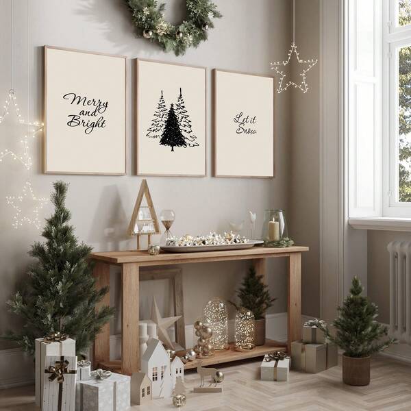 3 Stücke minimalistische Weihnachts-Wandkunst Bilder, beige & schwarze Winter Drucke Leinwandgemälde, rustikale Bauernhaus Weihnachten Poster mit festlicher Typografie Dekoration für Wohnzimmer, Schlafzimmer, Büro Raumdekoration, ungerahmt