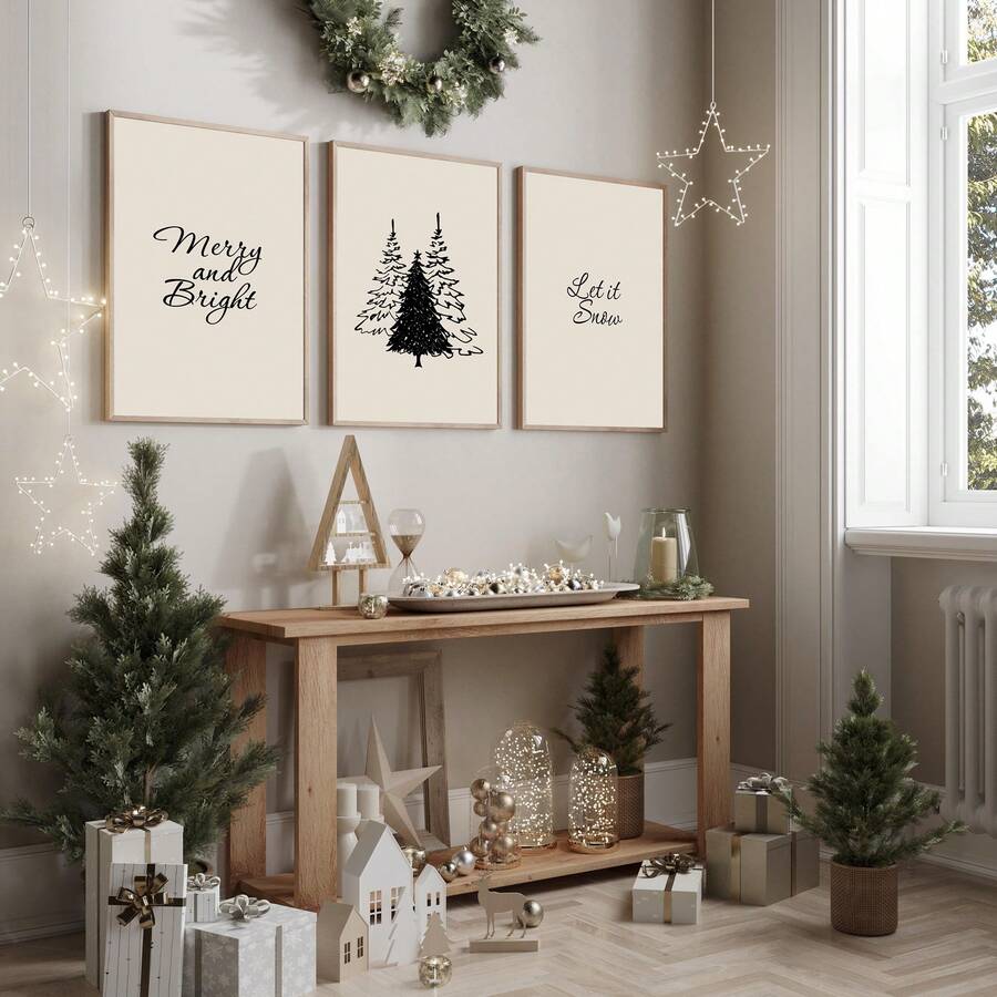3 piezas de arte de pared navideño minimalista, impresiones en lienzo de invierno en beige y negro, carteles navideños rústicos y de granja con tipografía festiva para decoración de sala de estar, dormitorio y oficina, sin marco