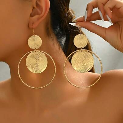 Chic Hip-Hop/Vintage Style Large Round Dangle Earrings - Iron, Perfect For Everyday & Party Wear