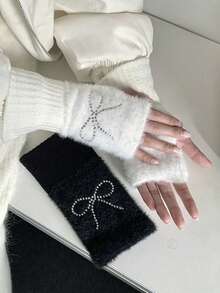 1 Pair Women's Fashion Plush Bow Rhinestone Half Finger Gloves, Versatile Casual Warm Winter Fingerless Gloves For Students, Office Work, Suitable For Cold Season,Festival,Party - Multicolor - View 6