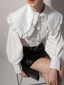 Girls T-Shirt Peter Pan Collar Long-Sleeved Commuting Casual Relaxed Sense Simple Girl Casual Spring Summer Autumn Shirt - White - View 10