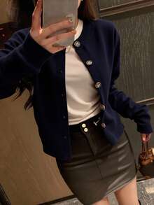 DAZY 纯色休闲开衫，秋冬，长袖上衣，秋季女装夹克 - 藏蓝色 - 查看 4