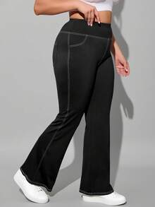 Plus Size Women's Autumn/Winter Sports Flare Pants, Slimming & Fashionable Outer Wear, Yoga Denim Effect High Waist Fitted Casual Pants With Pockets - Black - View 2