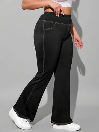 Plus Size Women's Autumn/Winter Sports Flare Pants, Slimming & Fashionable Outer Wear, Yoga Denim Effect High Waist Fitted Casual Pants With Pockets