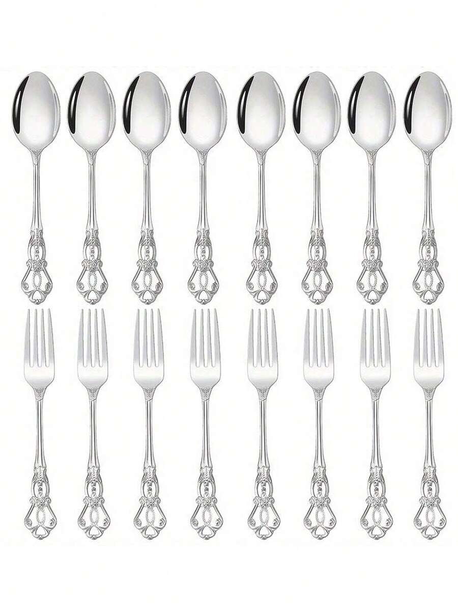 4/8/16pcs Vintage Palace Style Dessert Spoon & Fork Set, High Quality Stainless Steel Oatmeal Spoon, Coffee Spoon, Yogurt Spoon, Salad Fork, Elegant Silverware Suitable For Home, Kitchen, Restaurant, Cafe, Party, Dishwasher , Mirror Polished