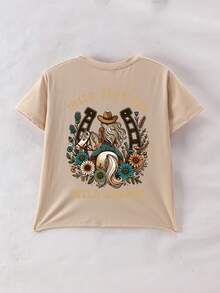 Camiseta de manga corta con cuello redondo y estampado de niña y caballo, ropa casual para niños en primavera/verano - Albaricoque - Ver 5