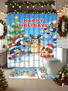 [Christmas Bluey Bathroom Curtain Shower Set] 1/3/4 Pcs Christmas Solid Color Santa Hat Bluey Family And Friends Holiday Pattern Printed Shower Curtain Set, Modern Design, Suitable For All Seasons, Waterproof Polyester Hooks And Lining, Flannel Material, Soft Surface, Bathroom Anti-Slip Mat, Bathroom Set Includes U-Shaped Mat, Toilet Mat, Anti-Slip Bathroom Mat And Bathroom Accessories, Home Decor, Holiday Decor, Christmas Gift, Daily Decor, Gift]