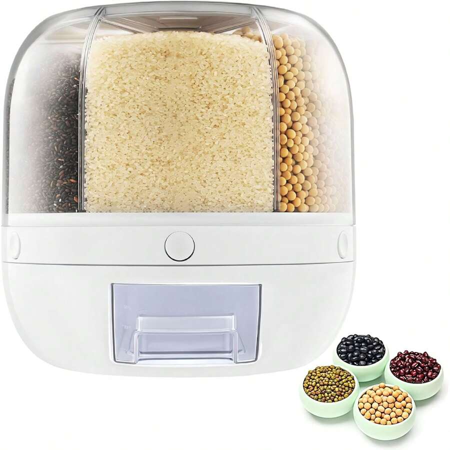 Weißer Reisspender mit Fächern, Vorratsbehälter für Getreide und Hülsenfrüchte, 6 kg Kapazität, aus PP/PET, feuchtigkeits- und insektenfest,27 x 27 x 27 cm - Weiss - Übersicht 1