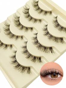 Rikuaild 5 Pairs Doll-Like Natural False Eyelashes - Transparent Band With Cartoon Style Lashes, Extended Outer Corner Design For Natural Makeup Look - Reusable False Eyelashes - 自然纖長款 - 查看 5