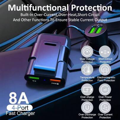 Carregador de carro 60W com 4 portas e cabo de extensão de 6 pés para carregamento no banco traseiro com clipe para smartphone, carregamento rápido 3.0, 3.1A