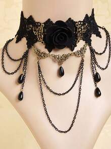 1件复古哥特风蕾丝流苏玫瑰锆石项链（随机带扣或不带扣）情人节配饰 - 彩色 - 查看 6