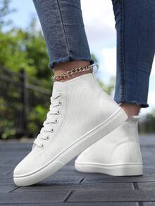 女士高帮运动鞋，经典高帮帆布鞋，系带女士时尚运动鞋 - 白色 - 查看 4