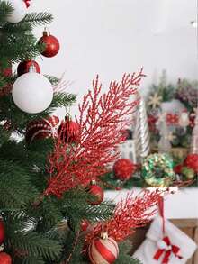 50 PCS Of 34cm/13.5inch Artificial Simulation Red Plants - Pine And Cypress Leaves, Pine Needles, Christmas Wreaths, Flower Arrangement Accessories, Artificial Tree Branches - Suitable For Outdoor, Indoor, Living Room Decoration - Festive Christmas Decorations - Plastic Material - Winter Season - Exhibition Use