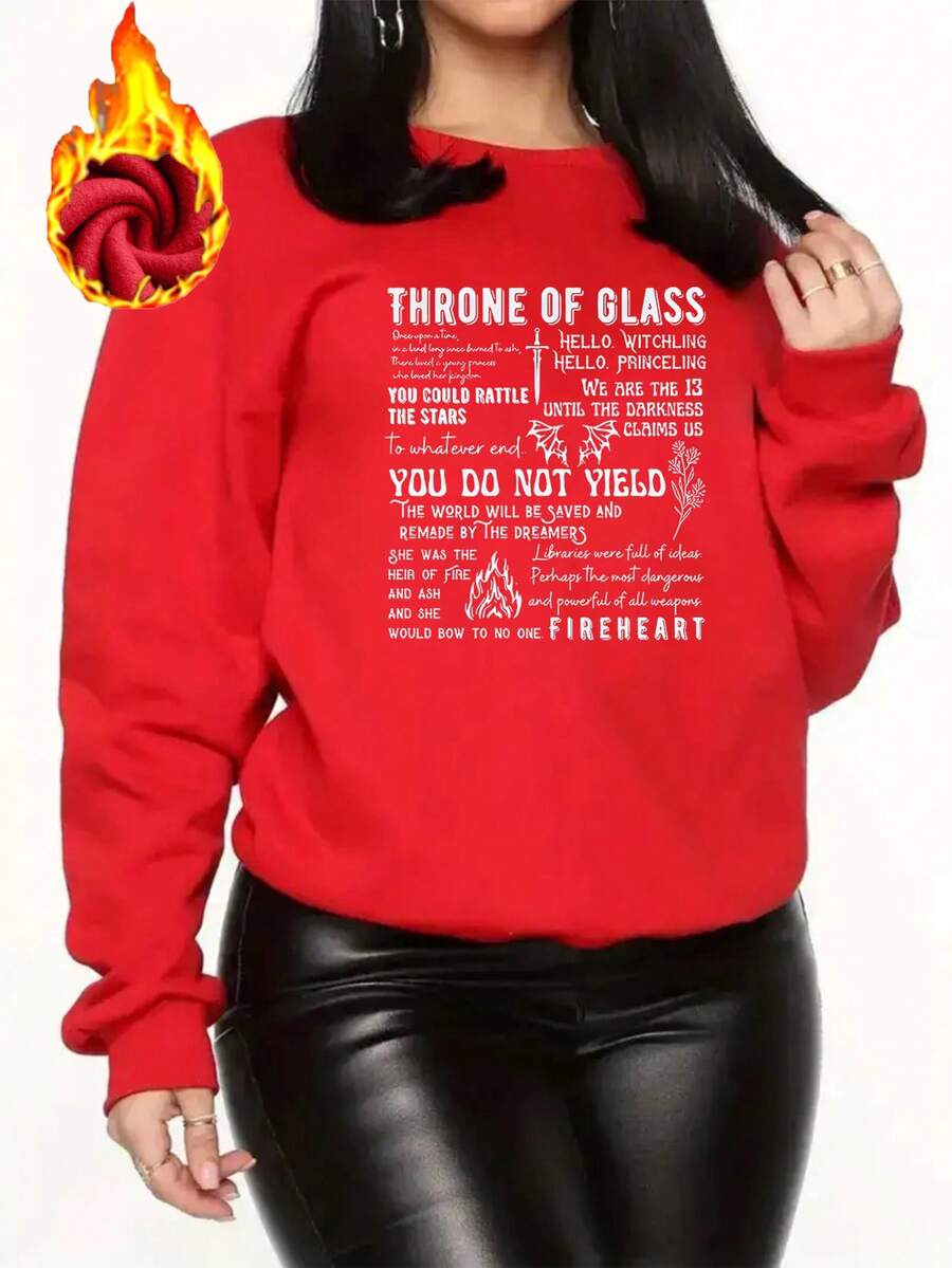 1 peça de moletom feminino de lã com gola redonda e estampa de coração de fogo "Trono de Vidro". Pulôver aconchegante com tema de livros de fantasia, perfeito para amantes de livros e cosplay! - Vermelho - Ver 1