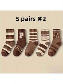 5 Pairs Kids Wool Blend Socks, Thermal Lined, Thick, Suitable For Halloween, Christmas, Daily Wear In Autumn/Winter, Striped & Letter Design, Maillard Color, Comfortable, Versatile, Warm, Fashion Accessory For Boys & Girls To Keep Feet Cozy - Multicolor - View 17