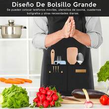 2 PCS Delantales de Cocina Ajustables con Bolsillos - Impermeables de Éster para Mujer y Hombre, Ideal para Cocina, Barbacoa, Pintura y Jardinerí - Negro+Gris - Ver 5