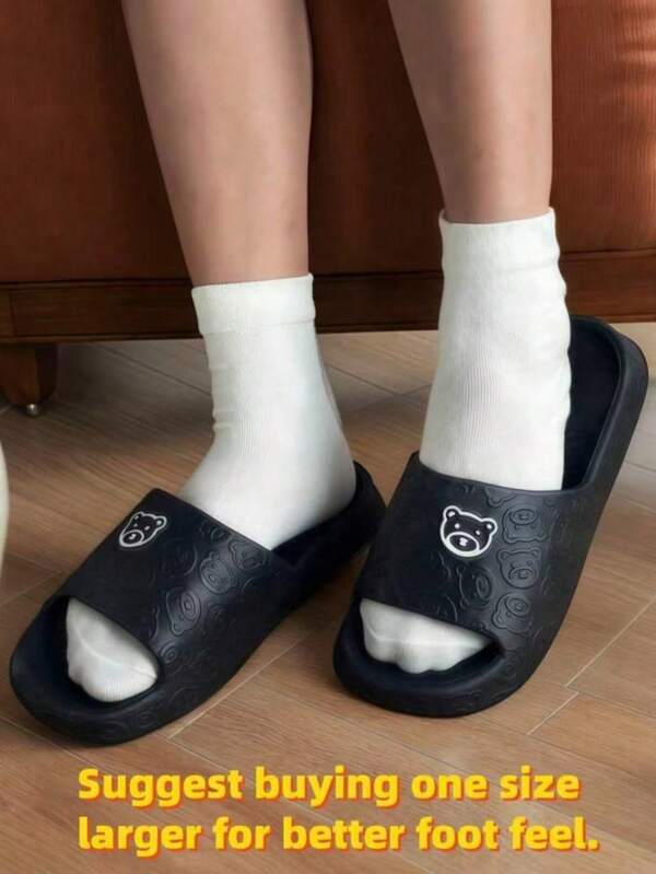Women's Black Plastic Slippers, Soft & Thick-Soled, Bear Embossed Design, Casual Indoor/Bathroom/Bedroom Wear, Suitable For All Seasons