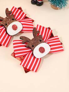 2 spinki do włosów w stylu świątecznym dla dziewczynek, lśniący brokat w czerwono-białe paski z motywem łosia, urocze i klasyczne dodatki do włosów na festiwal