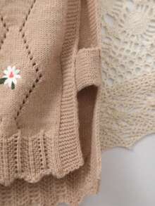 Infant Sleeveless Floral Embroidered Knit Hollow-Out Cardigan - Khaki - View 4