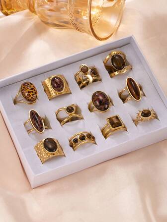 3/6/12/18/24 件复古优雅太阳、豹纹、月亮、闪电水钻不锈钢戒指，男女通用，适合日常佩戴和派对（无展示托盘，随机尺寸，随机款式）