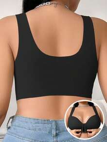 大码女士纯色前扣舒适性感文胸 - 黑色 - 查看 5