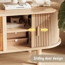 INNOD 70" TV Stand With RGB LED Lights, Mid Century Modern Acrylic Sliding Doors & Ample Storage, Tall Legs For Living Room Entertainment Center, Stylish Wood Media Console Cabinet - Natural Oak - 查看 8