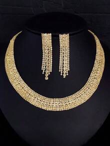 New Fully Rhinestone Snake Bone Necklace & Earrings Set, Bridal Jewelry Suitable For Wedding, Party, Banquet
