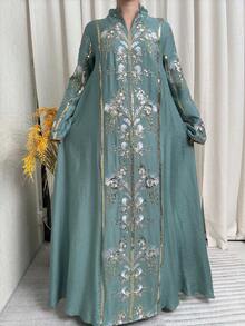 1pc Sequin Embroidered Muslim Women Abaya, Loose Fit Islamic Clothing, Dubai Style Robe, Suitable For Eid Al-Fitr