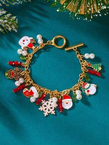 1 Stück modischer & weihnachtlicher Armschmuck mit Schneeflocke, Weihnachtsmann, Rentier, Perle & Kristall Dekor als Weihnachtsgeschenk für Frauen