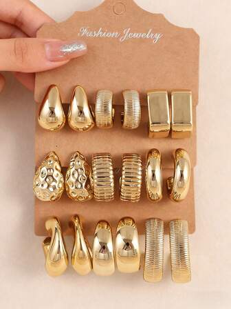 Set de 6-18 cercei aurii, stil vintage, cu model lacrimă și geometric, material CCB ușor, potriviți pentru purtare zilnică