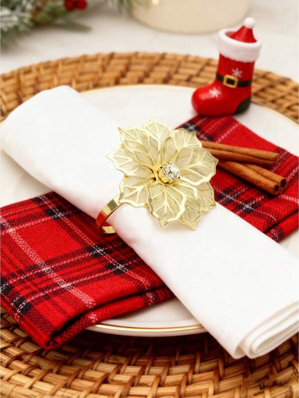 6pcs-Golden Metallic Flower Shaped Napkin Rings, Flower Napkin Rings Holders, Flower Metal Buckles, Luxurious Vintage Iron Napkin Rings Set Of 6pcs With Flower Head Shape, Gold Flower Shape Solid Color Alloy Polished Metal Rings, Christmas Decorations, Tabletop Decor, Wedding, Birthday, Party