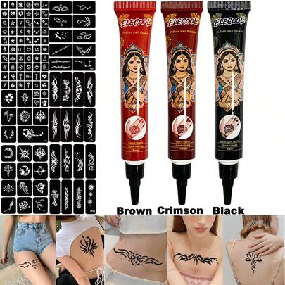 yikexuanli Bộ 3 miếng dán xăm Henna + Khuôn xăm rỗng, Nhiều mẫu, Vẽ nghệ thuật cơ thể, Bộ dụng cụ xăm tạm thời bán vĩnh viễn, Khuôn xăm tự làm, Phù hợp cho hình xăm tạm thời nam/nữ, Trang trí ngày lễ