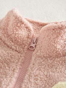 2pcs/Set Young Girl's Casual Minimalist Fleece Collar Long Sleeve Jacket And Pants Set, Autumn/Winter - Pink - View 5