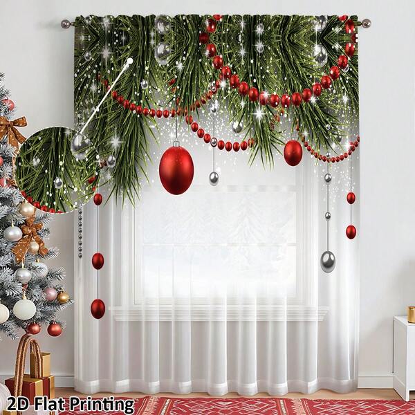 1 peça 2D impressão plana bola de galho de pinheiro de Natal elegante estilo feriado janela transparente, material de fibra de poliéster, adequado para casa de aluguel, sala de estar, cozinha, quarto, cortina decorativa removível e lavável à máquina, cortina de janela pequena