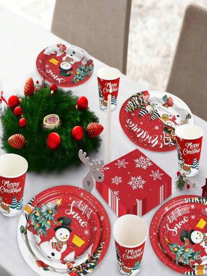 10 pièces Set de vaisselle jetable de Noël, set de décoration de fête avec assiettes en papier, tasses, serviettes et nappe avec motifs Père Noël et bonhomme de neige. Set de vaisselle jetable thème Noël et bonhomme de neige pour anniversaire et célébration (style de couleur aléatoire)