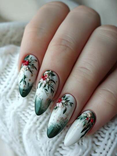 24片装杏仁形指甲贴、植物闪光指甲贴、秋季指甲贴、假指甲贴、Y2k指甲贴、美甲技术用品