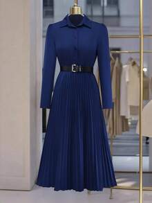 Women's Elegant Pleated Button-Down Long Sleeve Shirt Dress (Belt Not Included), Autumn - Navy Blue - View 2