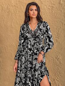 Rusttydustty Vestido romántico de mujer estilo bohemio con cuello en V, encaje y estampado floral multicolor, adecuado para festivales de música y fiestas - Negro - Ver 3