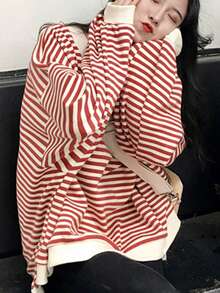 Primavera/otoño: cómodo jersey de manga larga con cuello redondo y hombros descubiertos para mujer, con rayas en contraste, muy a la moda - Rojo - Ver 6