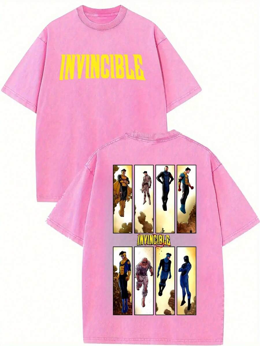 Men's Invincible Comics Graphic T-Shirt - Casual Short-Sleeve Superhero Fan Top With "INVINCIBLE" Print, Desert Vibes Design, Machine Washable, Perfect For Cosplay & Casual Attire, Everyday Tshirt| Regular Fit Shirt| Easycare Fabric, Comic Book - 玫紅色 - 查看 1