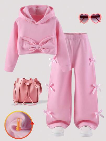 2pcs/Set Young Girl's Casual Fashion Dopamine Outfit, Featuring Cute 3D Bow Design Thermal Lined Hoodie Sweatshirt And Bow Accent Straight Leg Pants Set, Suitable For Outdoor, School, Commute, Gatherings, Spring/Autumn/Winter