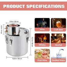 38L Acero Inoxidable Kit de Destilación de Alcohol con Tubo de Cobre y Termómetro, Alambique para Whisky, Vino y Brandy, Kit de Elaboración Casera para Cocina, Bares - Plateado - Ver 4