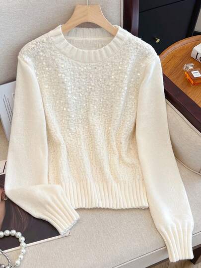 Women's Elegant Sequin Textured Pullover Long Sleeve Casual Sweater, Warm For Autumn/Winter
